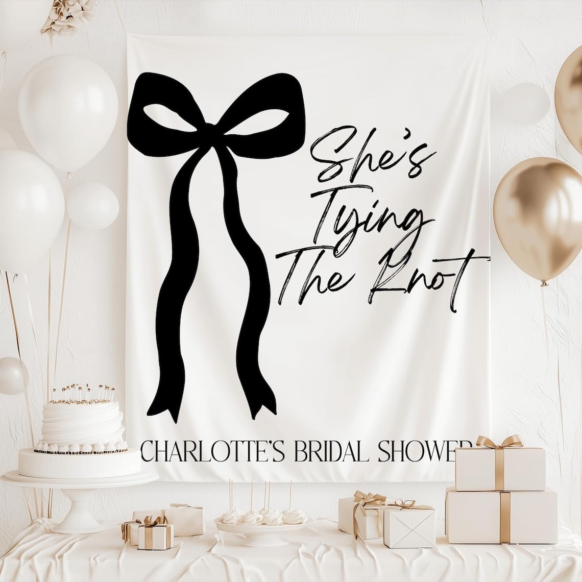 Black Bow Bachelorette Weekend Sign - She's Tying The Knot Bridal Shower Decorations - Bow Bachelorette Party Backdrop Photo - She's Tying The Knot