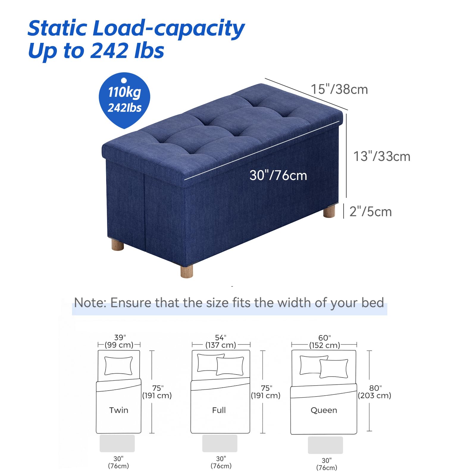 BRIAN & DANY Pouf Contenitore Rettangolare, Panca Con Gambe, Sgabello, Cassapanca da Interno, Baule, Blu, 76 x 38 x 38 cm