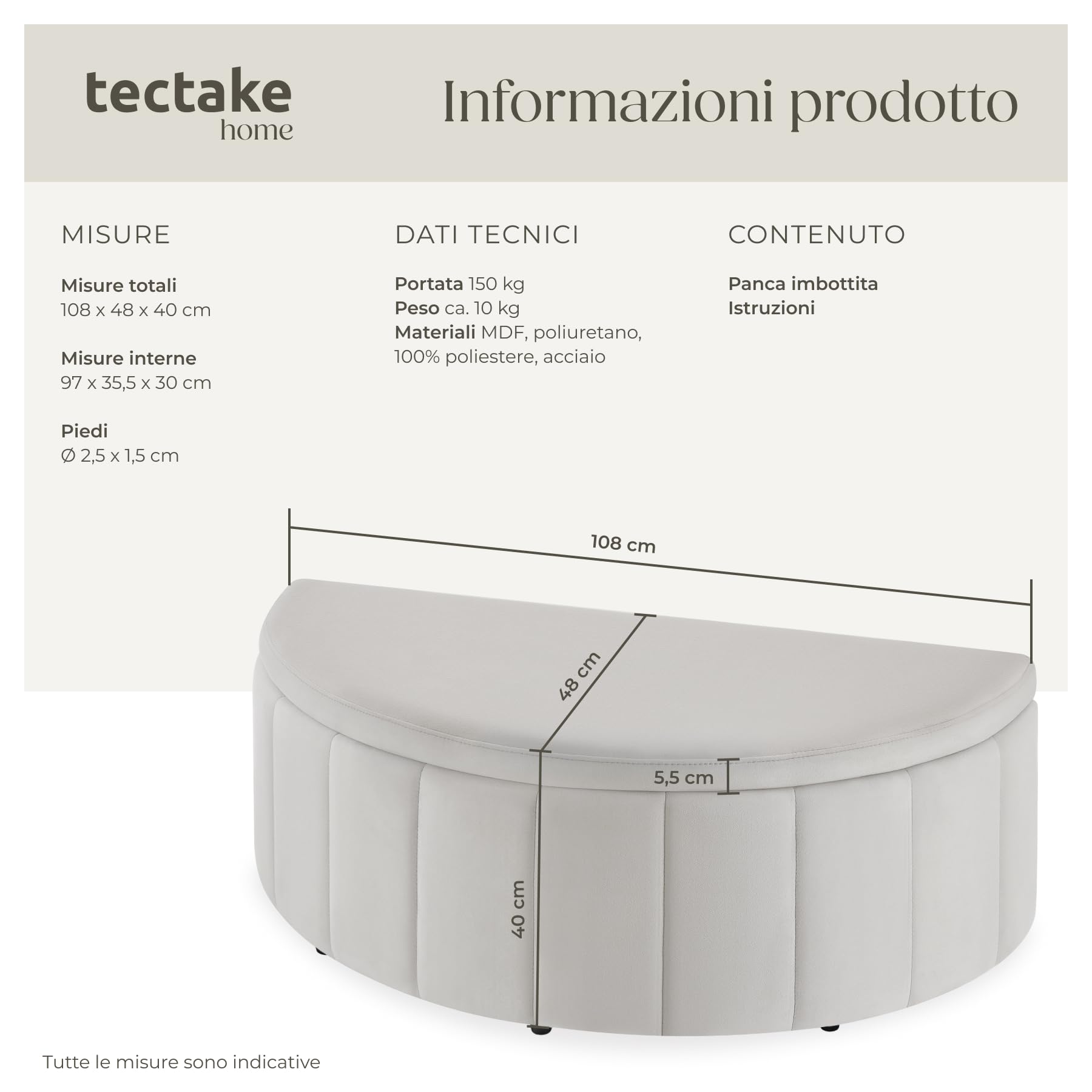 tectake® Panca Contenitore 108x48x40 cm, Pouf Contenitore con Vano Portaoggetti, Cassapanca con Seduta Comoda e Imbottita, Design Compatto per Ingresso, Salotto o Camera da letto - Velluto tortora