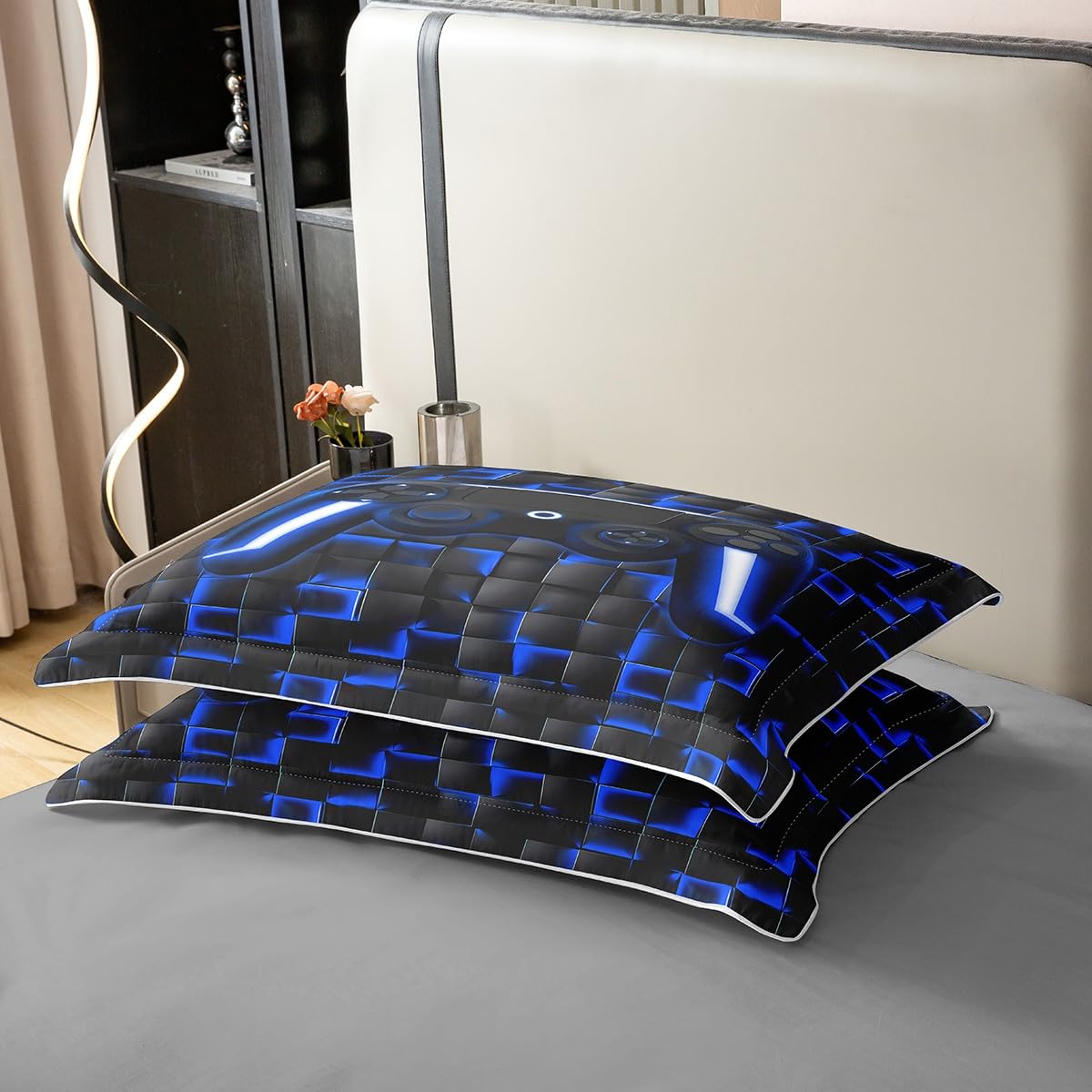 Homewish Juego de ropa de cama de 100 % algodón, 135 x 200 cm, juego de ropa de cama para videojuegos geométrica, juego de ropa de cama para videojuegos, decoración de sala de juegos, luces de neón