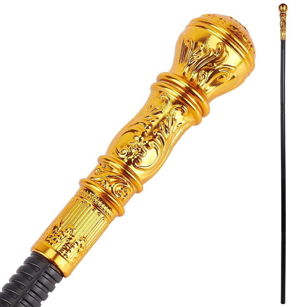 GORGECRAFT Antique Victorian Cane Vintage Walking Stick 145cm Long Costume Cane Plastic Punk Prop Pretend Play Scepter with Golden Round Top Knob Cosplay Prop for Halloween Adults