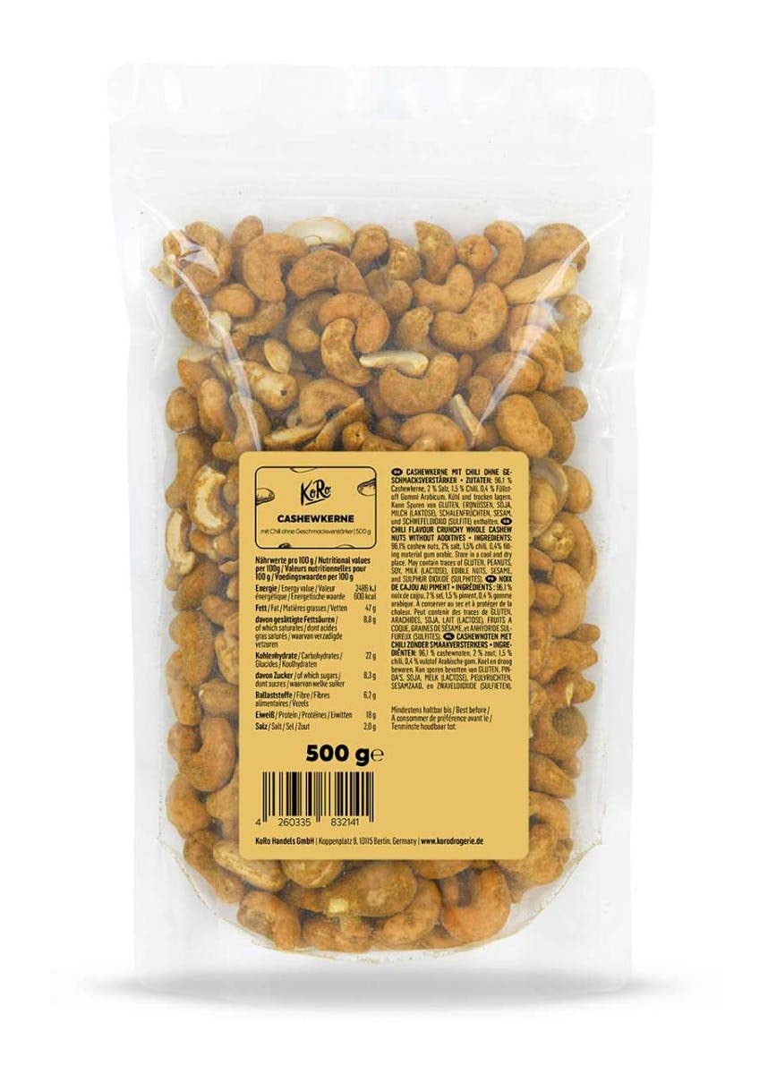 KoRo - Anacardi con Curry senza esaltatore di sapidità 500 g - Snack a base di anacardi raffinato con spezie