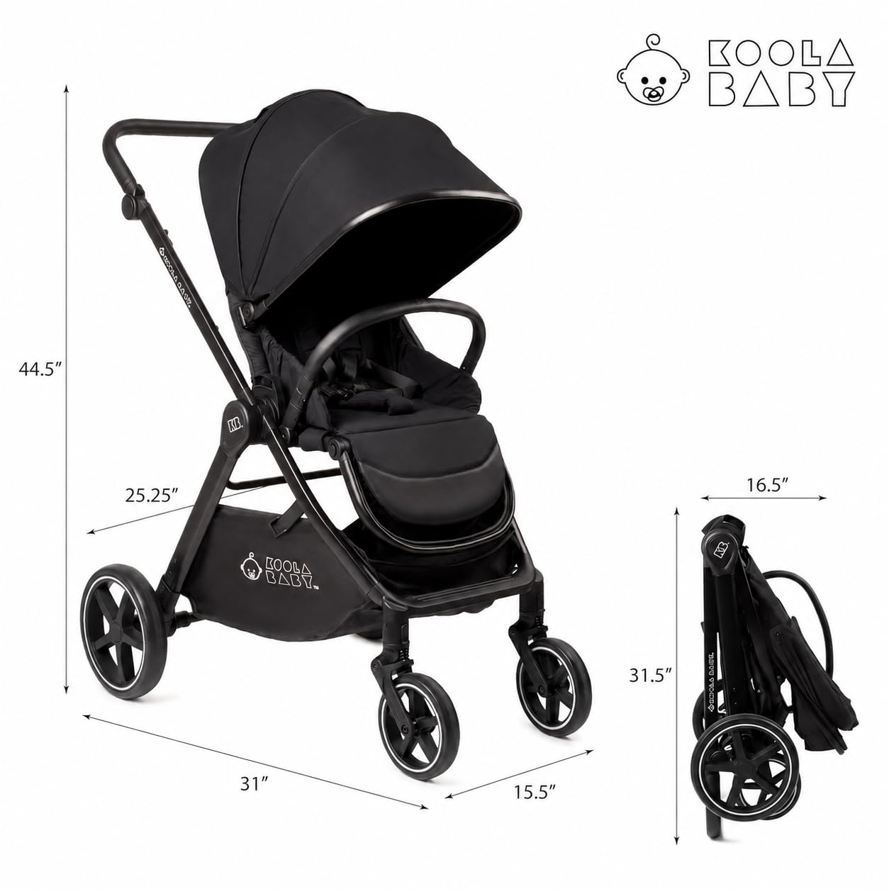 KOOLABABY - Odwracalny wózek dla dziecka, składany wózek z siedziskiem dla rodziców i świata, rozsuwana markiza wieloskładana, wózek dziecięcy