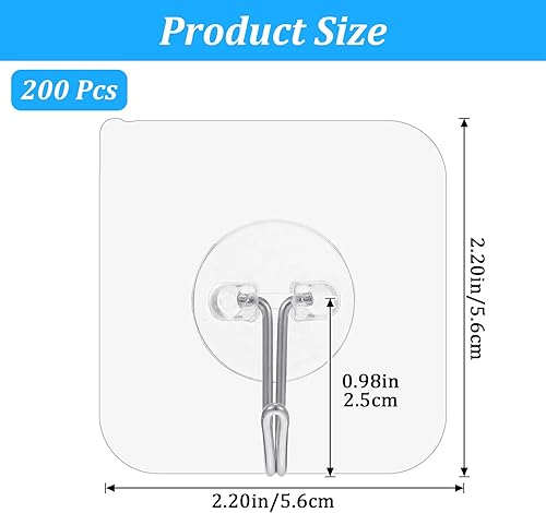 Miniatura 2 de MAQUITA Paquete de 200 ganchos de pared adhesivos de 24 libras (máx.) ganchos autoadhesivos resistentes, transparentes y reutilizables para colgar