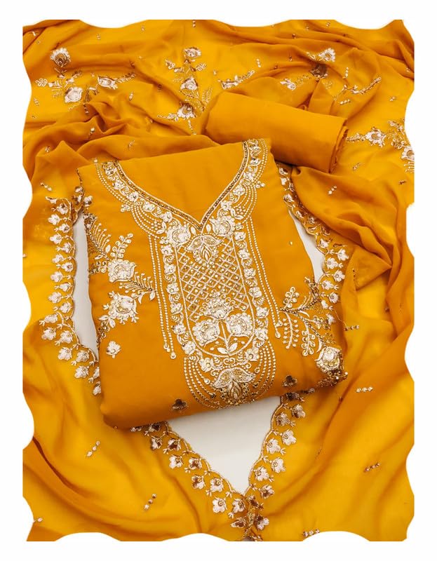 COCFIEmbroidery Diamond Work With Zarkan Unstitched Dress Material Salwar Suit For Ladies With Faux Georgette Top, Micro Bottom and Embroidery Border Work Heavy Georgette Duppata.