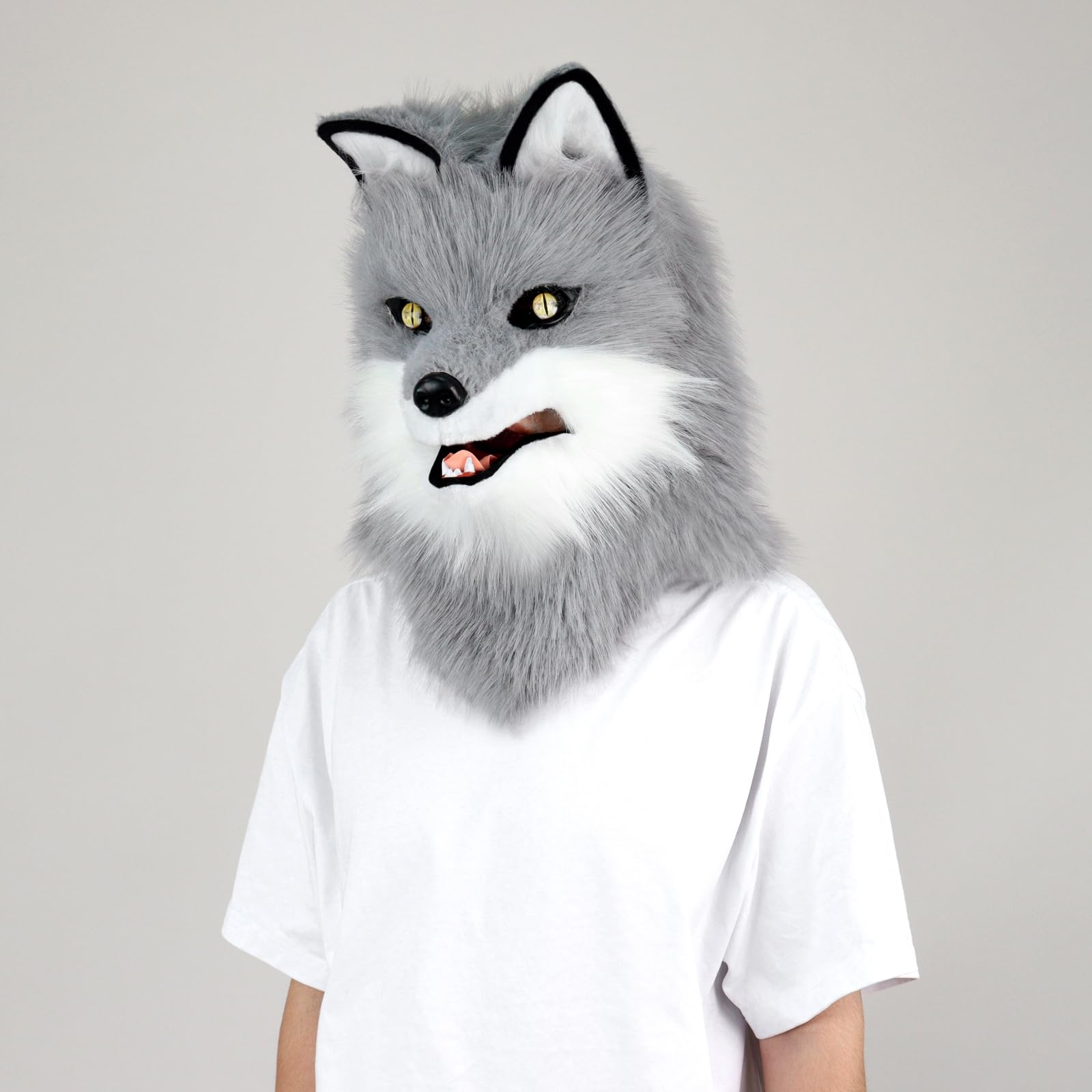 PPFINE Animal Faux Fur Wolf Dog Furry Full Head Mask Cosplay Costume Accessories for Halloween Party, Graywhite - Image 2