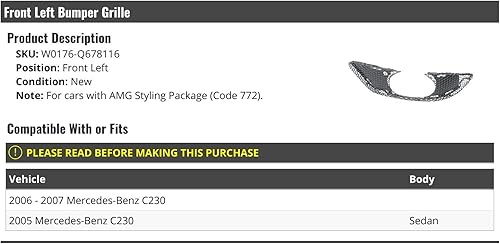Miniatura 2 de Rejilla de parachoques delantero izquierdo del lado del conductor, compatible con Mercedes-Benz C230 Sedan 2005-2007 (para vehículos con paquete de