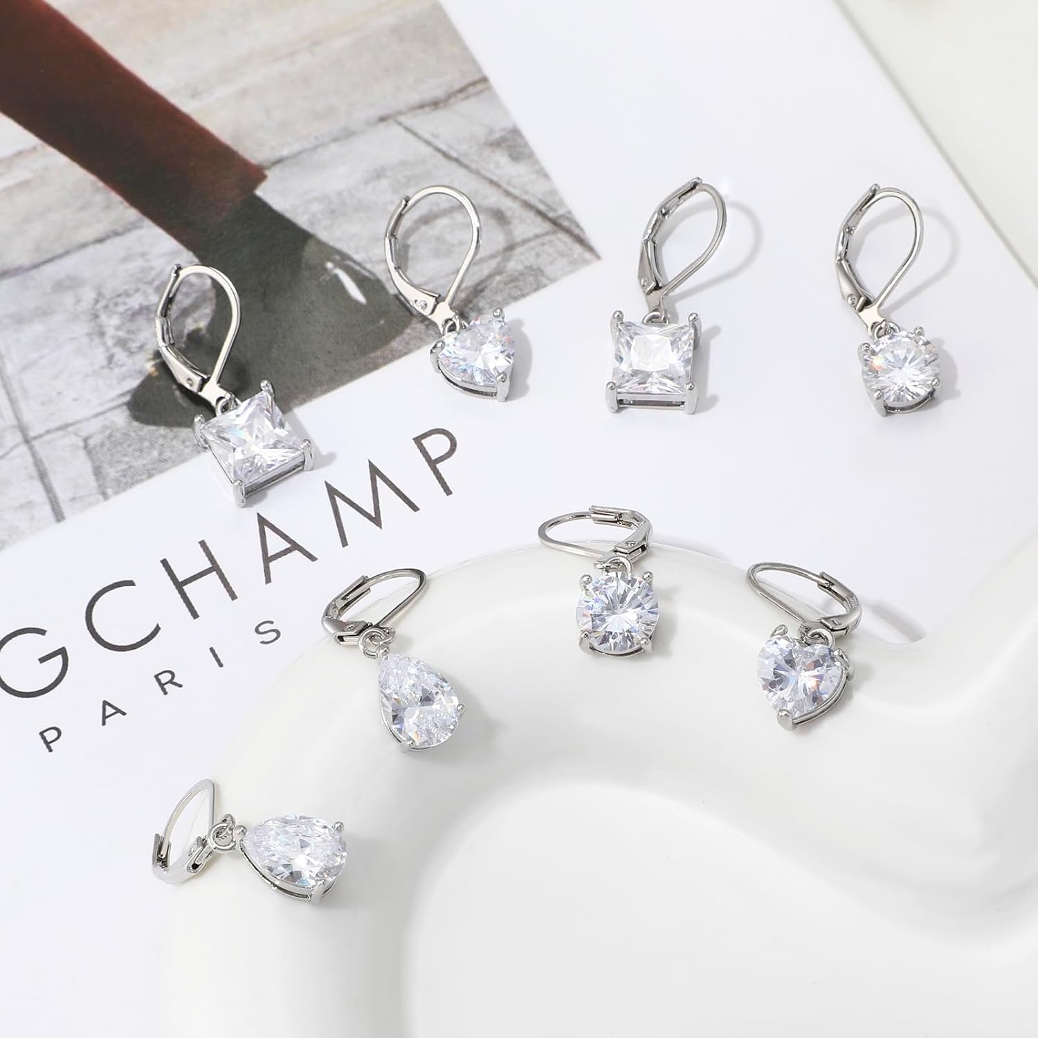 Ritach 18K White Gold Plated Dangle Earrings for Women Princess Cut Drop Cubic Zirconia Hypoallergenic Dangling Earrings for Wedding