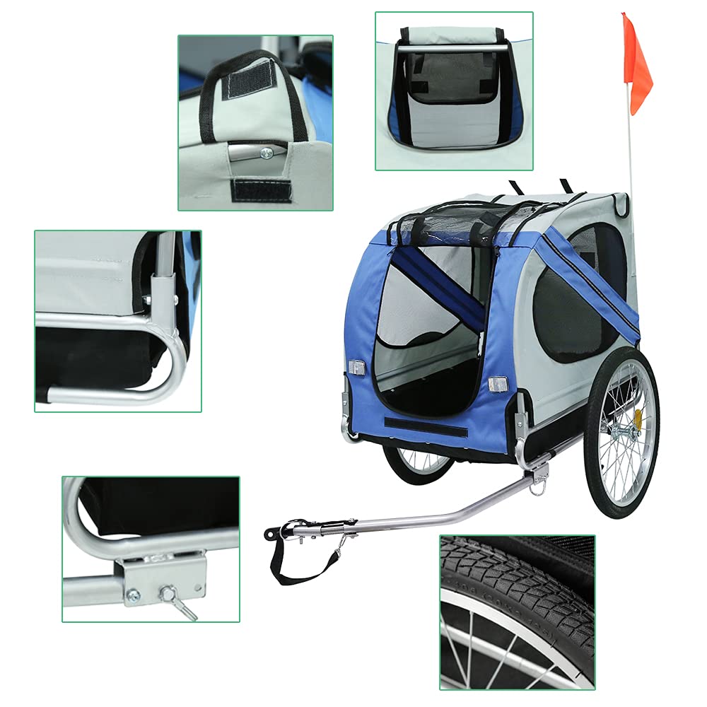 Remorque vélos pour Chiens, Remorque à Vélo Pliable, Remorque de Vélo Universel en Tissu Oxford avec Reflecteurs, env. 73×137×90 cm, Charge Max. 40 kg, Bleu-Gris