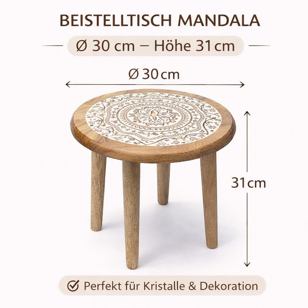 Tavolino Mandala in legno di mango – Rotondo – Ø 30 cm x altezza 31 cm – 1665 g – Sgabello in legno con 4 gambe, sgabello per piante, tavolo decorativo, tavolo altare per pietre preziose