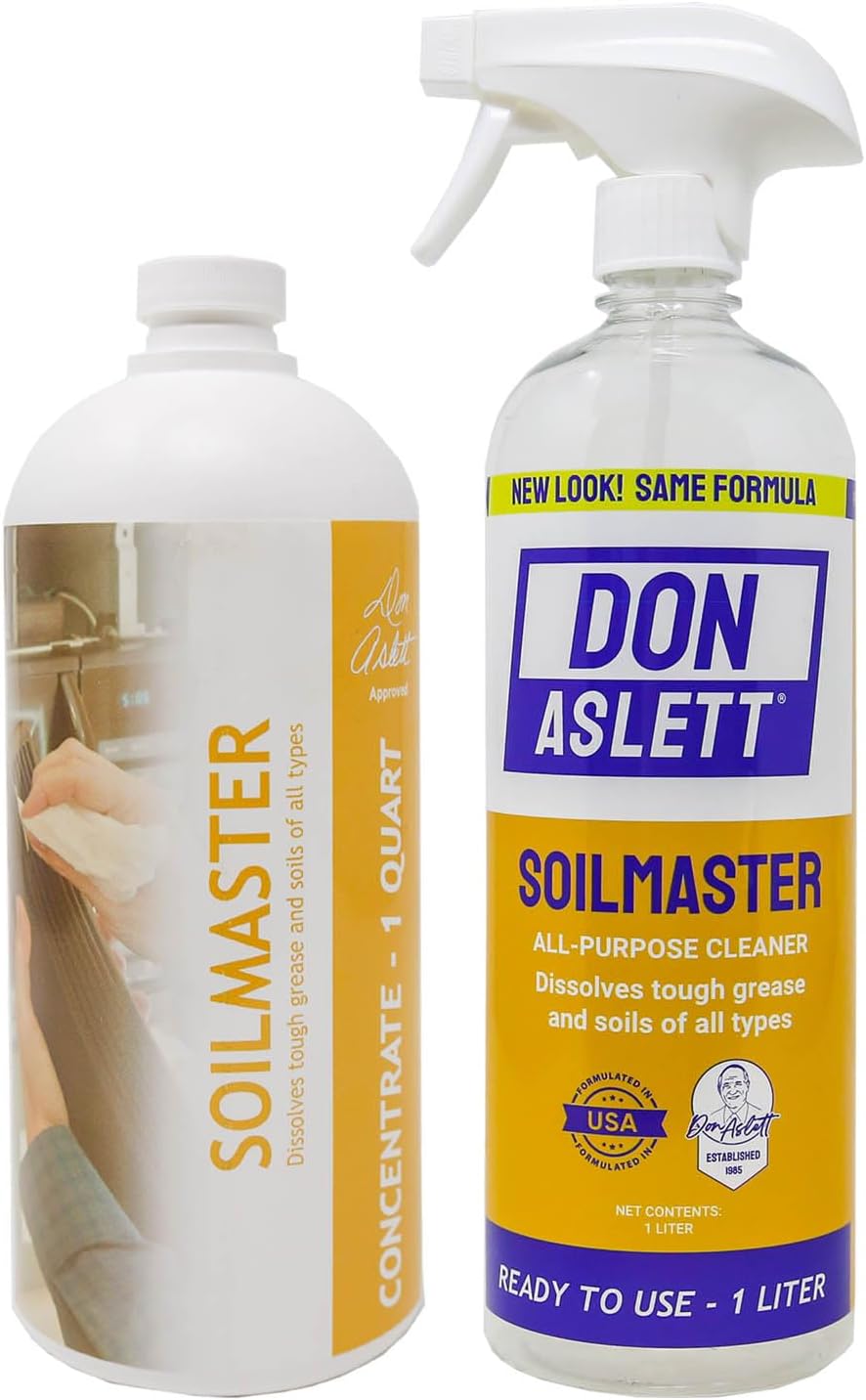 Don AslettSoilMaster Heavy Duty Concentrate (1 Qt Concentrate & 1 Qt Empty Bottle to Mix/Dilute) Removes Tough Grease and Soils in kitchen, diulte to clean countertops, windows, and walls.