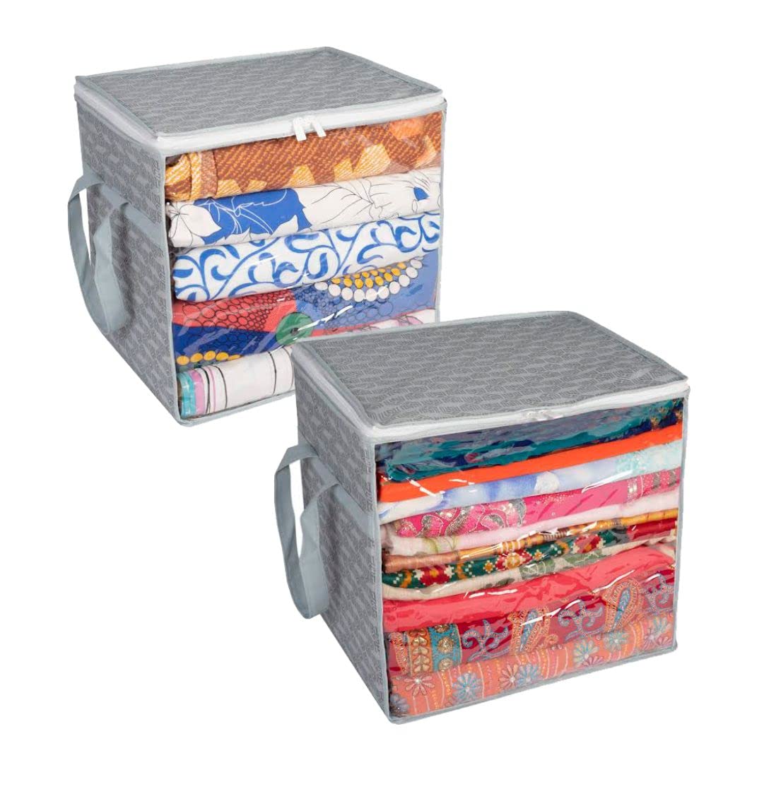 Homestrap Set of 2 Jumbo Saree Cover with Front Window and Side Handle |Stackable Clothes Storage Organizer (Grey), Polypropylene