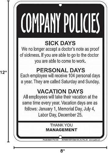 Miniatura 2 de Signs 4 Fun Letrero decorativo de estacionamiento  Políticas de la empresa  8 x 12 pulgadas  Cartel de aluminio en relieve  Fabricado en los Estados