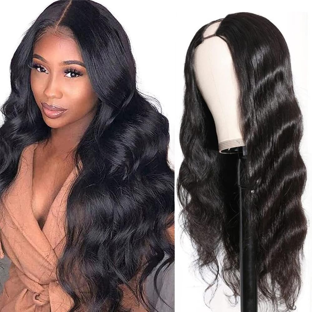 Tahikie U Part Human Hair Wig Body Wave 250% Density U Part Wig Brazilian Virgin Human Hair Wig for Black Women 10A Full Head Clip in Half Wig
