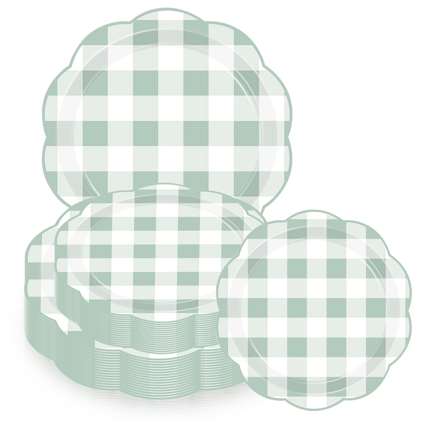 40pcs White and Sage Green Gingham Paper Plates Disposable Party Tableware Set,7/9 Inch Plaid Plate Scalloped Checkered Dessert Plates for Girls Boys Birthday Baby Shower Wedding Dinner Picnic Party