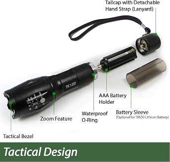EcoGear FX TK120 Small LED Flashlight - 5 Light Modes, Adjustable Zoom (1 Pack)