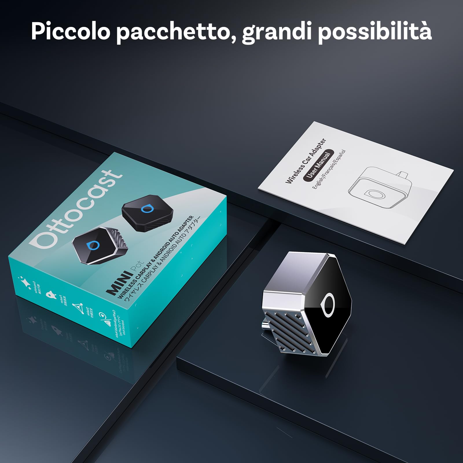 OTTOCAST Mini Pot Type C 2026, Adattatore Wireless USB C 2 in 1 per CarPlay e Android Auto, Compatibile con iOS 10+/Android 11+ e Auto dal 2016 in Poi, Plug & Play, Aggiornamento OTA, Argento