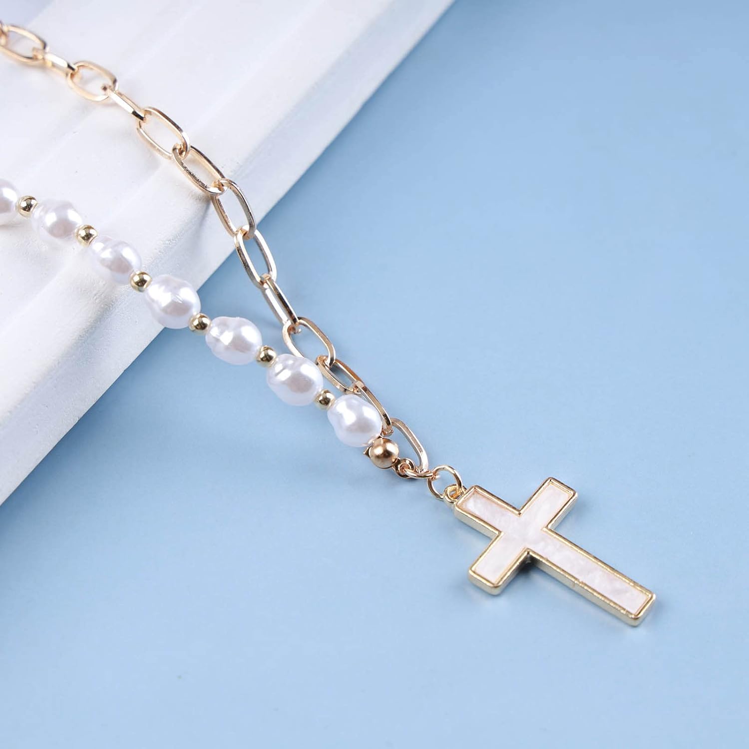 Boho White Cross Choker Necklace Faith Cross Pendant Necklace Retro Pearl Necklace Punk Paperclip chain necklace Jewelry for Women - Image 4