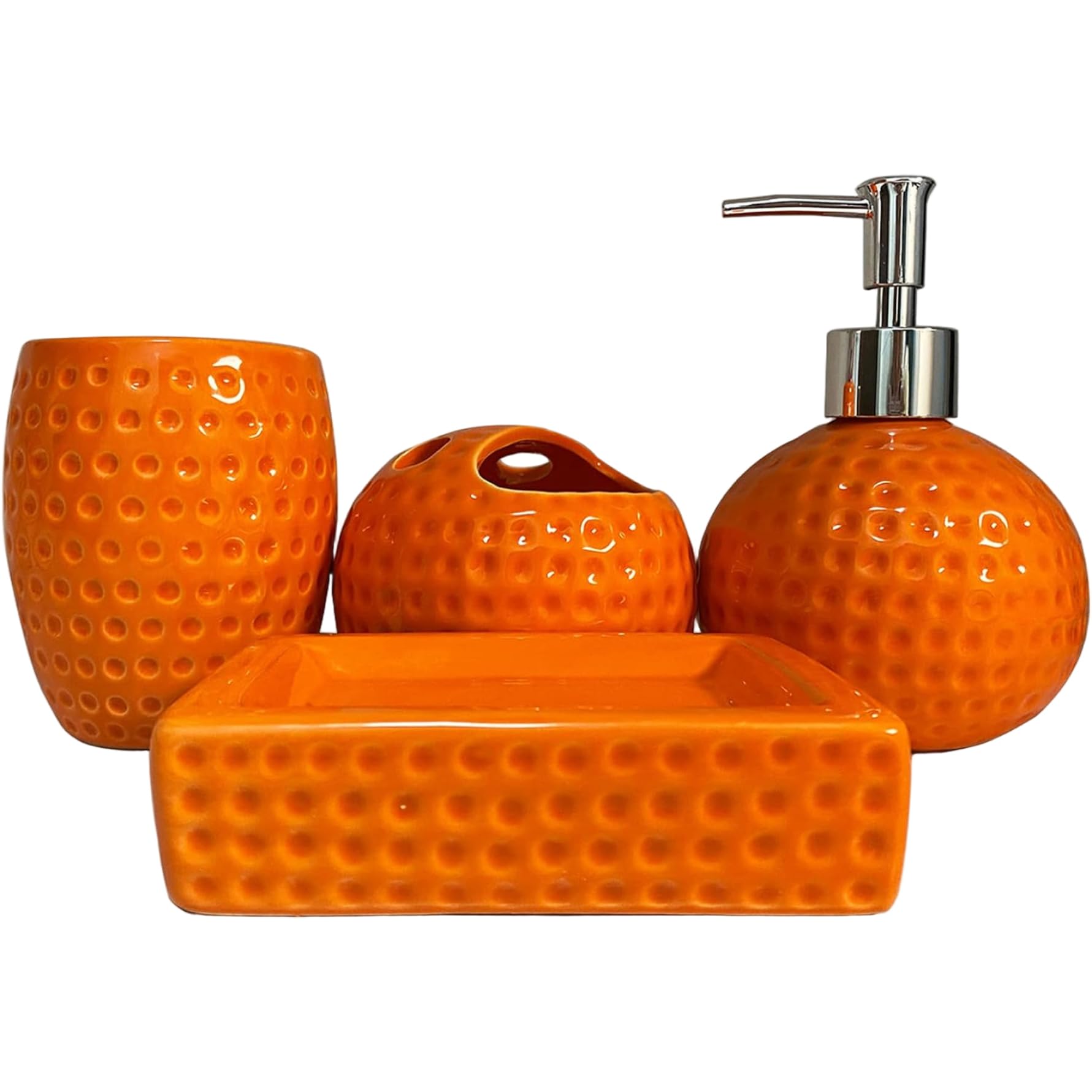 Juego de baño Naranja de 4 Piezas, Accesorios de baño de cerámica Naranja Que Incluyen portacepillos de Dientes, Vaso, dispensador de loción y jabonera para casa y Hotel.