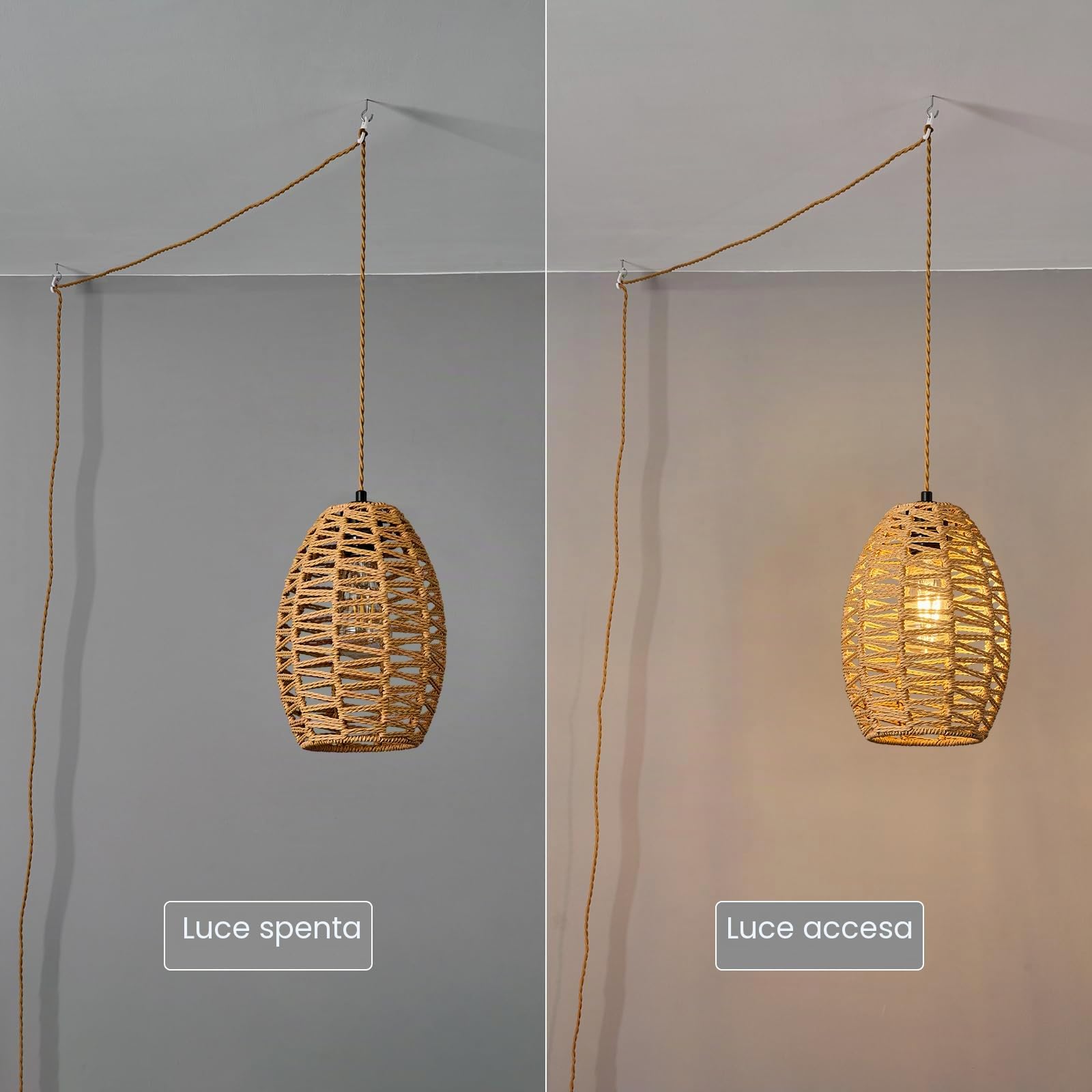 Rattan Plug in Lampada a Sospensione Boho Luci Sospensione Marrone Luci Sospensione Altezza Regolabile Basket Lampada E27 Lampada Sospensione Camera Letto Soggiorno Agriturismo(1-Confezione)