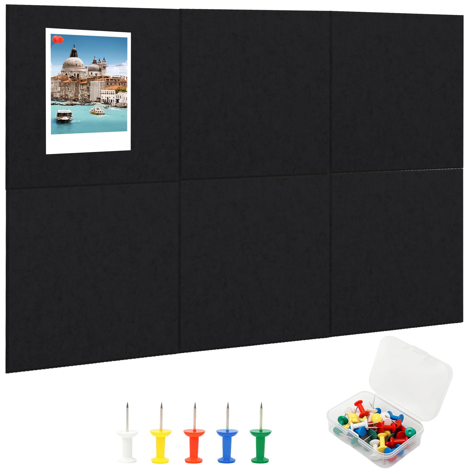 Cork Board 90 X 60 cm, 6 Pack Cork Notice Pin Boards with 35 Pushpins Self-Adhesive Bulletin Boards for Walls Office Home School (Black)
