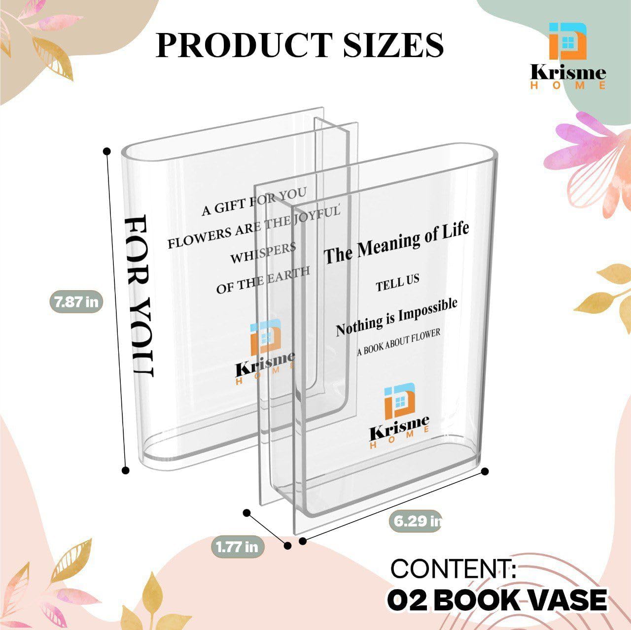 Krisme Home Acrylic Book Vase Set of 2 - Decorative Vases for Flowers, Bookshelf and Bedroom Accents - Aesthetic Room and Office Decor - Unique Gifts for Book Lovers, Readers, and Teachers