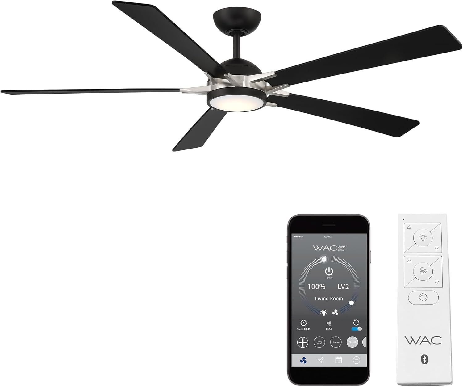 Rotary Indoor and Outdoor 5-Blade 65in Smart Home Ceiling Fan in Matte Black Brushed Nickel with 2700-3000-4000-5000K Selectable LED Light Kit and Remote Control works with iOS or Android WAC App
