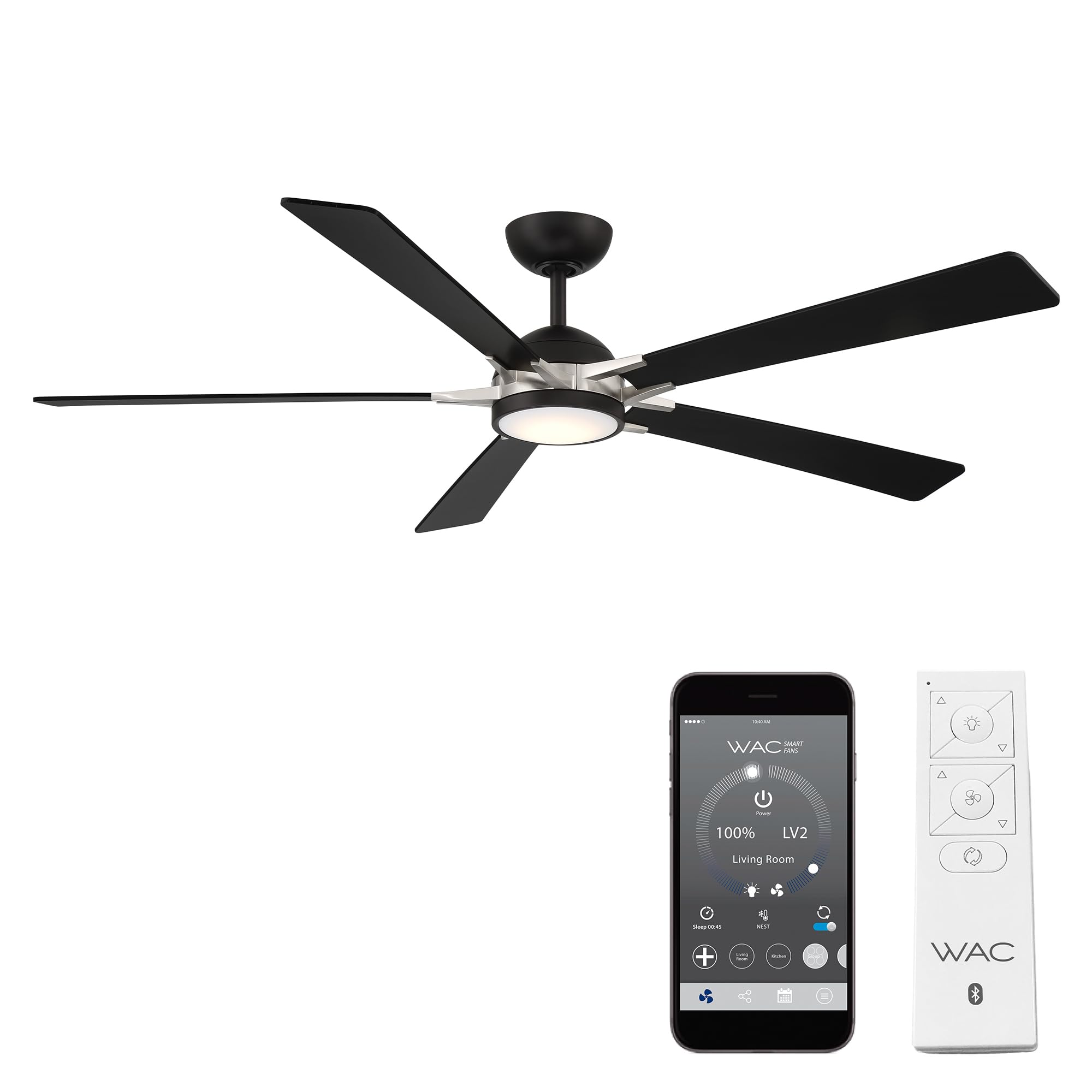 Rotary Indoor and Outdoor 5-Blade 65in Smart Home Ceiling Fan in Matte Black Brushed Nickel with 2700-3000-4000-5000K Selectable LED Light Kit and Remote Control works with iOS or Android WAC App