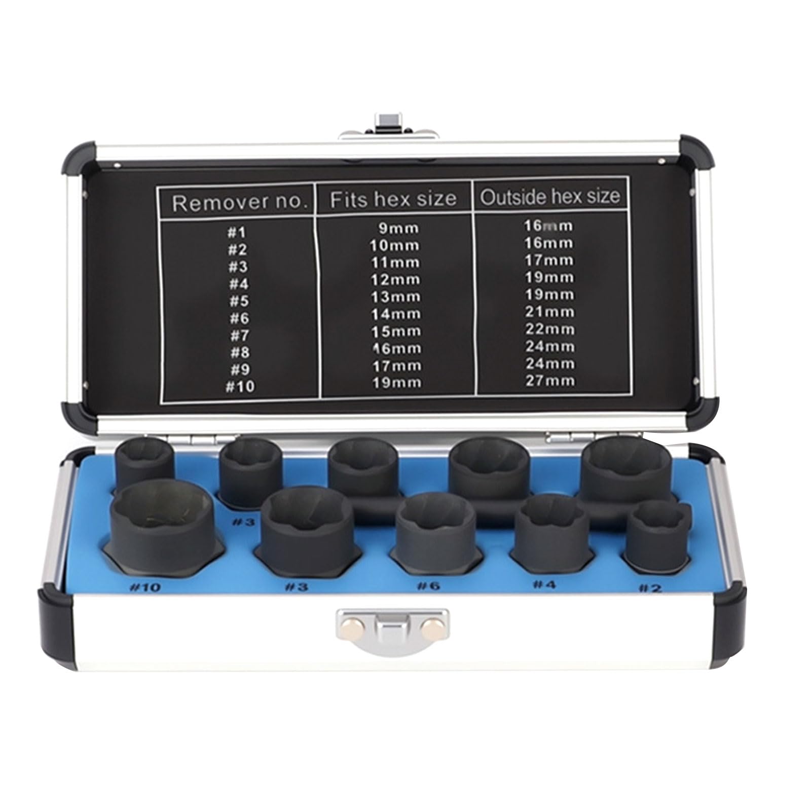 Industrial Spiraled Nut Remover for Seized Fasteners 9-19mm Rustproof Tool Case Black Oxides Hexagonal Socket Set
