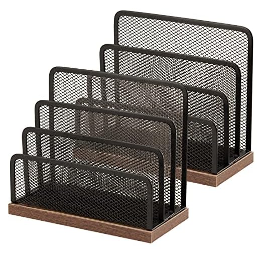 Wooden Desk Mail Organizer, Desktop File Organizer Metal Mesh with 3 Vertical Upright Compartments, Mail Sorter Letter Organizer Rack for Letters, Postcards, Brochures, Mail Holder (2 Pack Black)