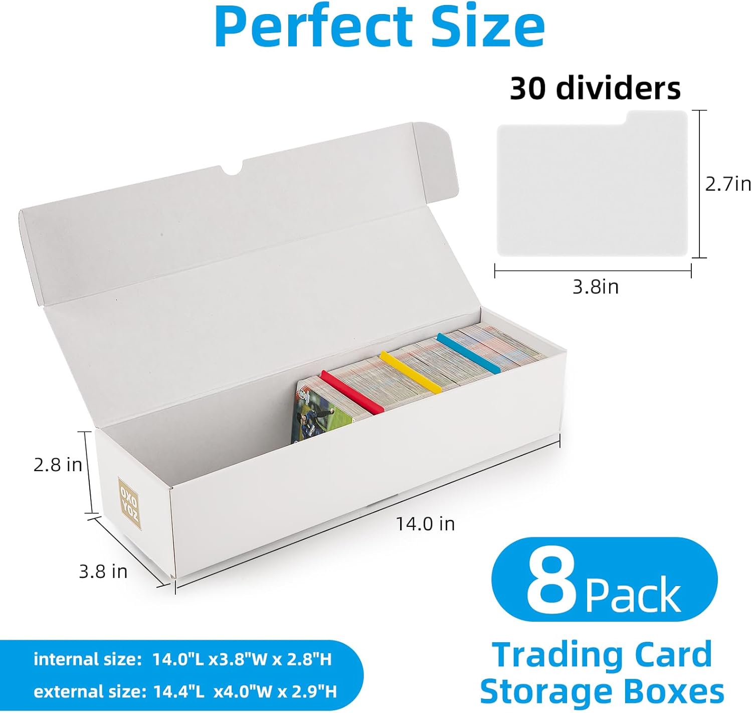 Trading Card Storage Box, 8 Pack 5 Color Dividers 9 Label Stickers 30 Dividers, Card Box for Baseball Football Basketball Sports Cards,Card Holder for Mtg (8 Pack-White-Horizontal, 14.0" L)