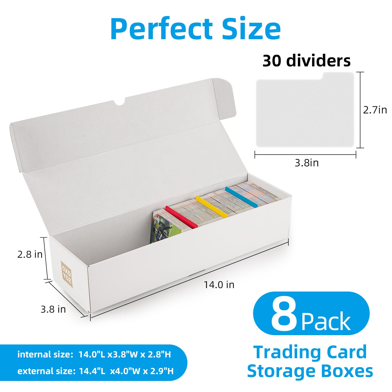 Boîte de rangement pour cartes à collectionner, lot de 8 avec 5 séparateurs colorés, 9 autocollants d'étiquettes, 30 séparateurs, boîte pour cartes de baseball, football, basketball et autres