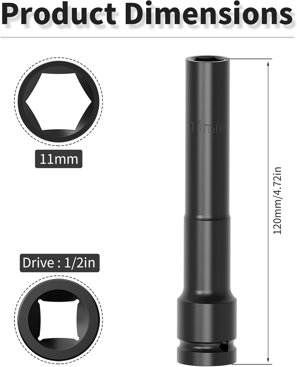 1/2-Inch Drive 11mm Deep Impact Socket with 6 Point Design, Thin Wall Hex Deep Socket, Heat-Treated Chrome Molybdenum Steel 6 Point Impact Socket Metric Sizes
