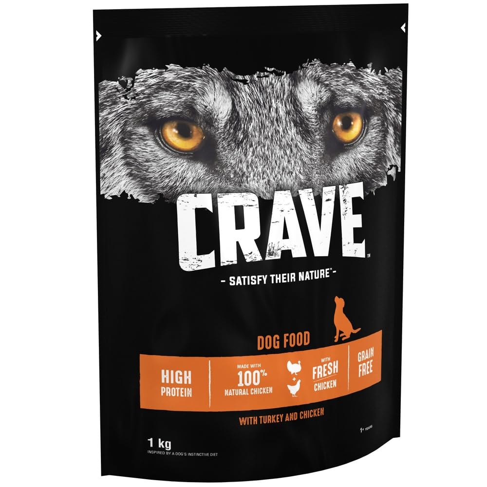 Crave Dry Dog Food with Turkey and Chicken – High Protein and Grain-Free – 1 kg (Pack of 4)