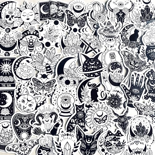 50PCS Boho Astrology Stickers Pack – Black White Witchy Gothic Vinyl Decals for Water Bottles, Laptops, Journals, Scrapbooking, Aesthetic Spiritual Stickers for Teens Adults