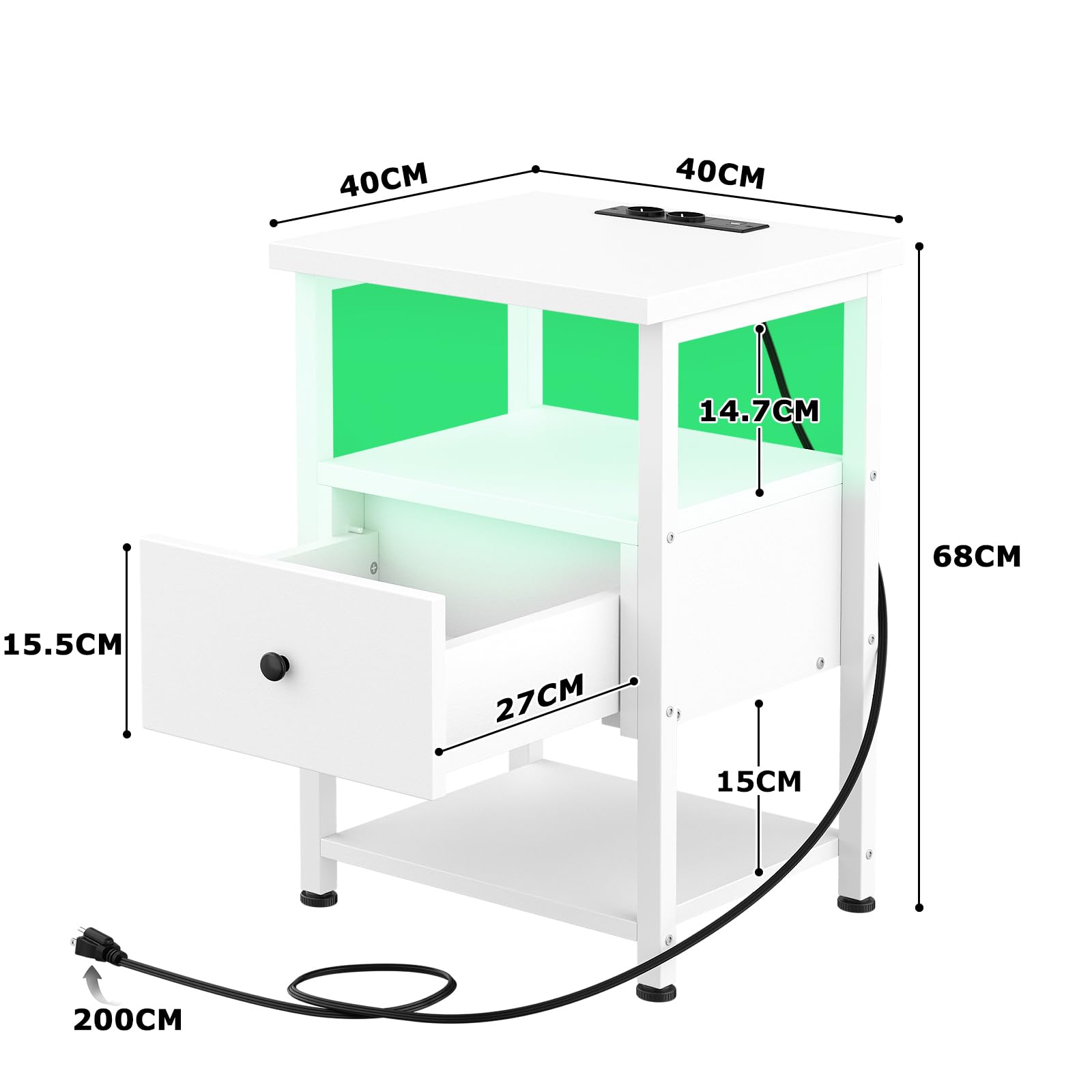 iSunirm Table de Chevet avec LED, Table de Nuit en Bois avec Station de Charge, Chevet avec Tiroirs en Bois, Meuble de Chevet pour Chambre et Salon, Blanc