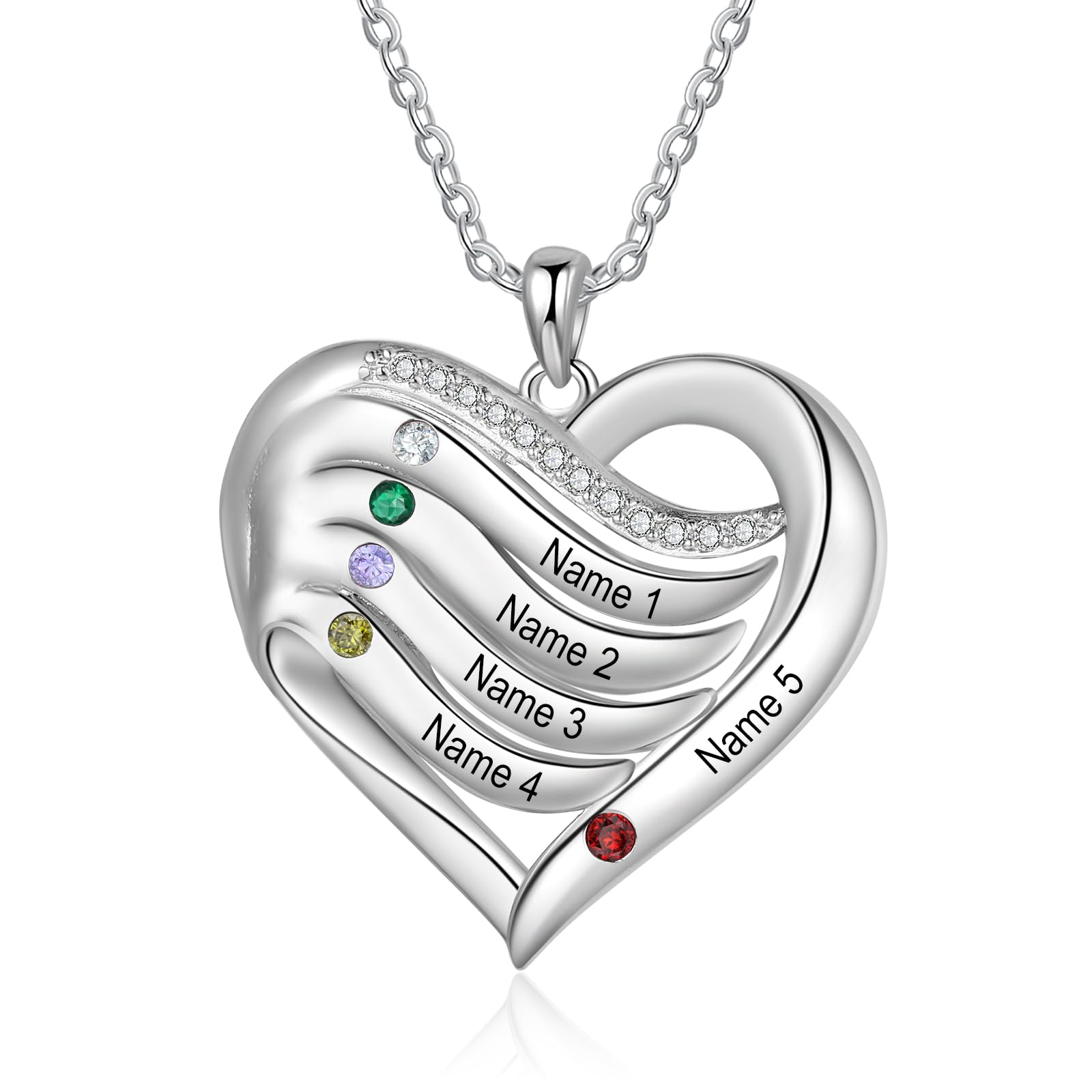 Lam Hub Fong Personalizado Mujeres Collar Plata Corazón Grabado Colgante con 4 Nombres Collar para Hijas Cadena Mujeres Joyas Regalo para el Día de la Madre Día de San Valentín