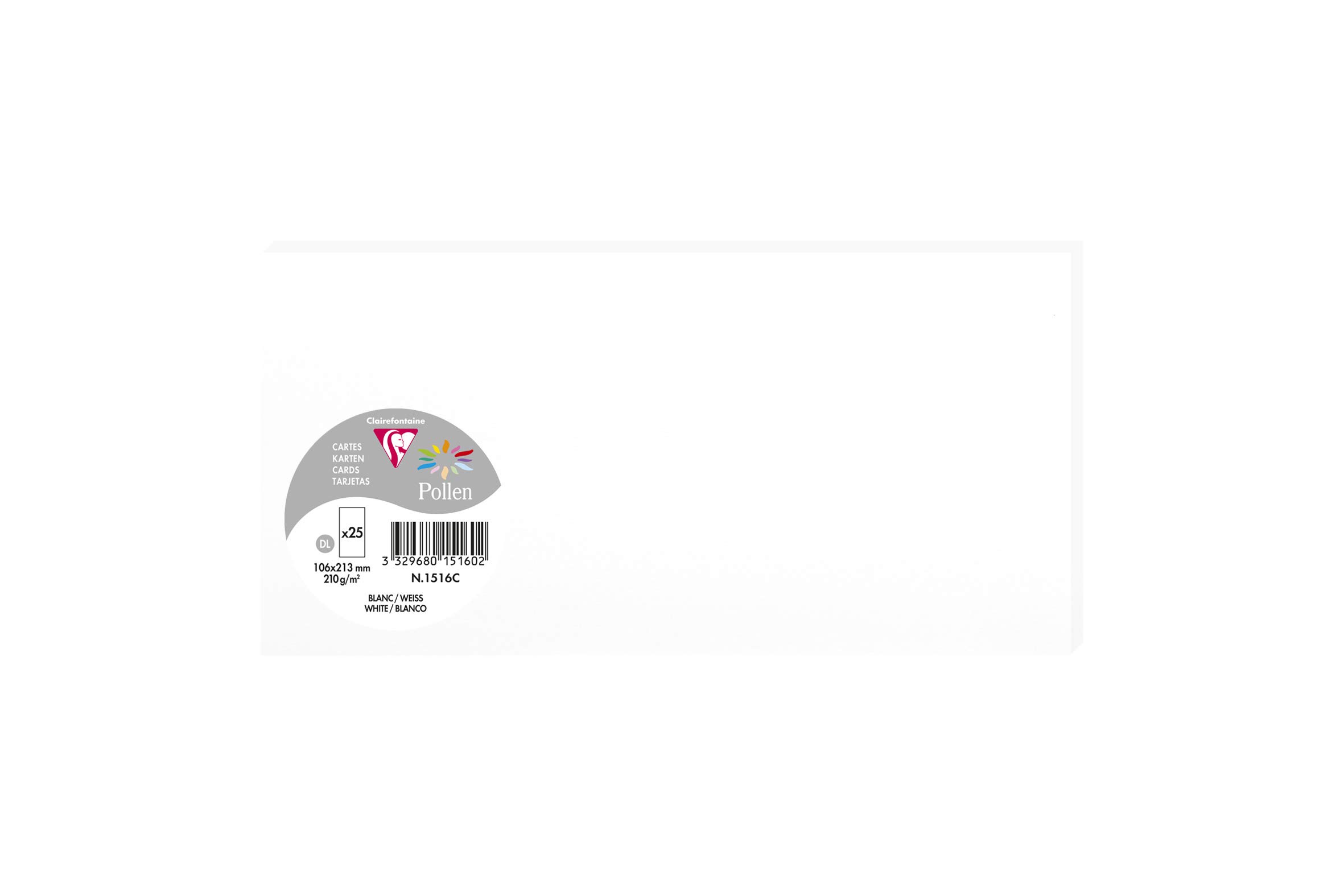 Clairefontaine 1516C Pack of 25 Plain Cards DL format 10.6x21.3cm 210gsm White Event Correspondence Invitation Cards - Pollen range - Smooth Premium Paper