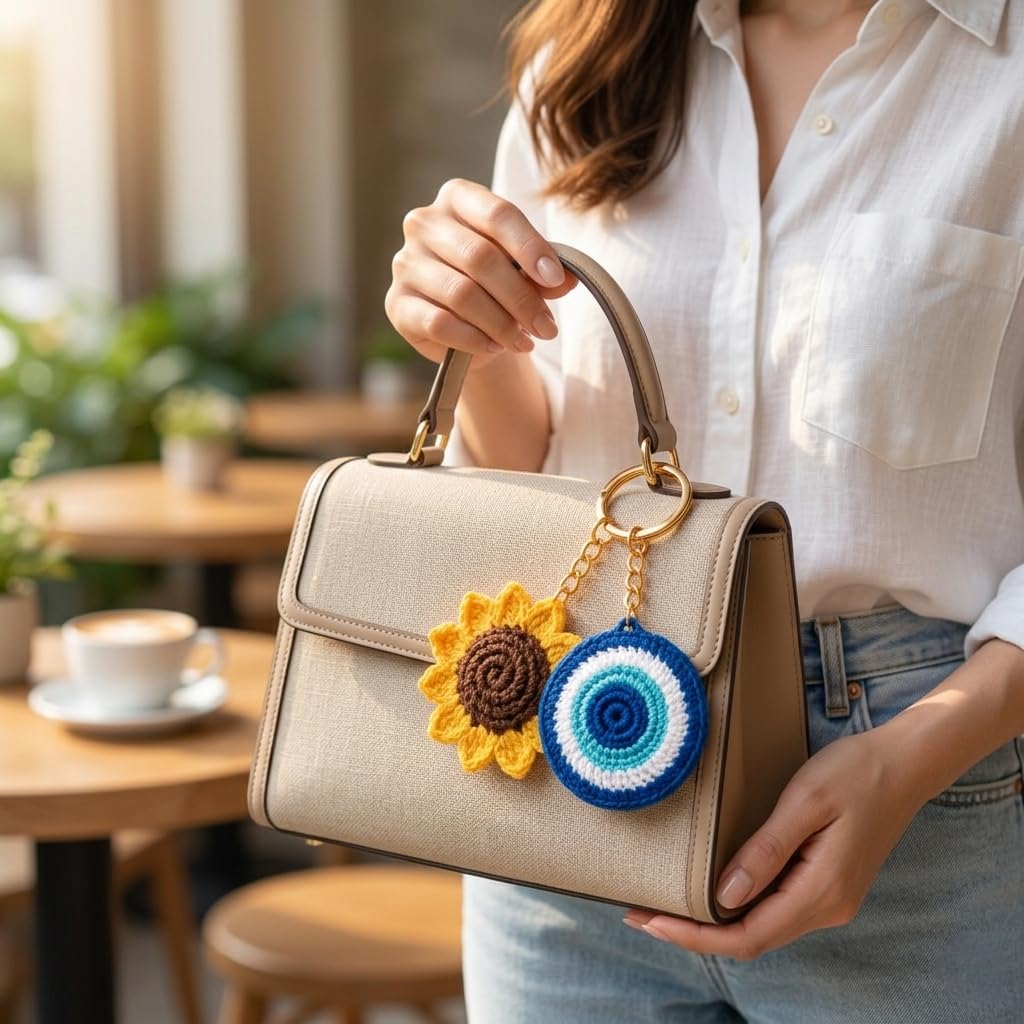 Handmade Crochet Keychains - Sunflower & Evil Eye -3