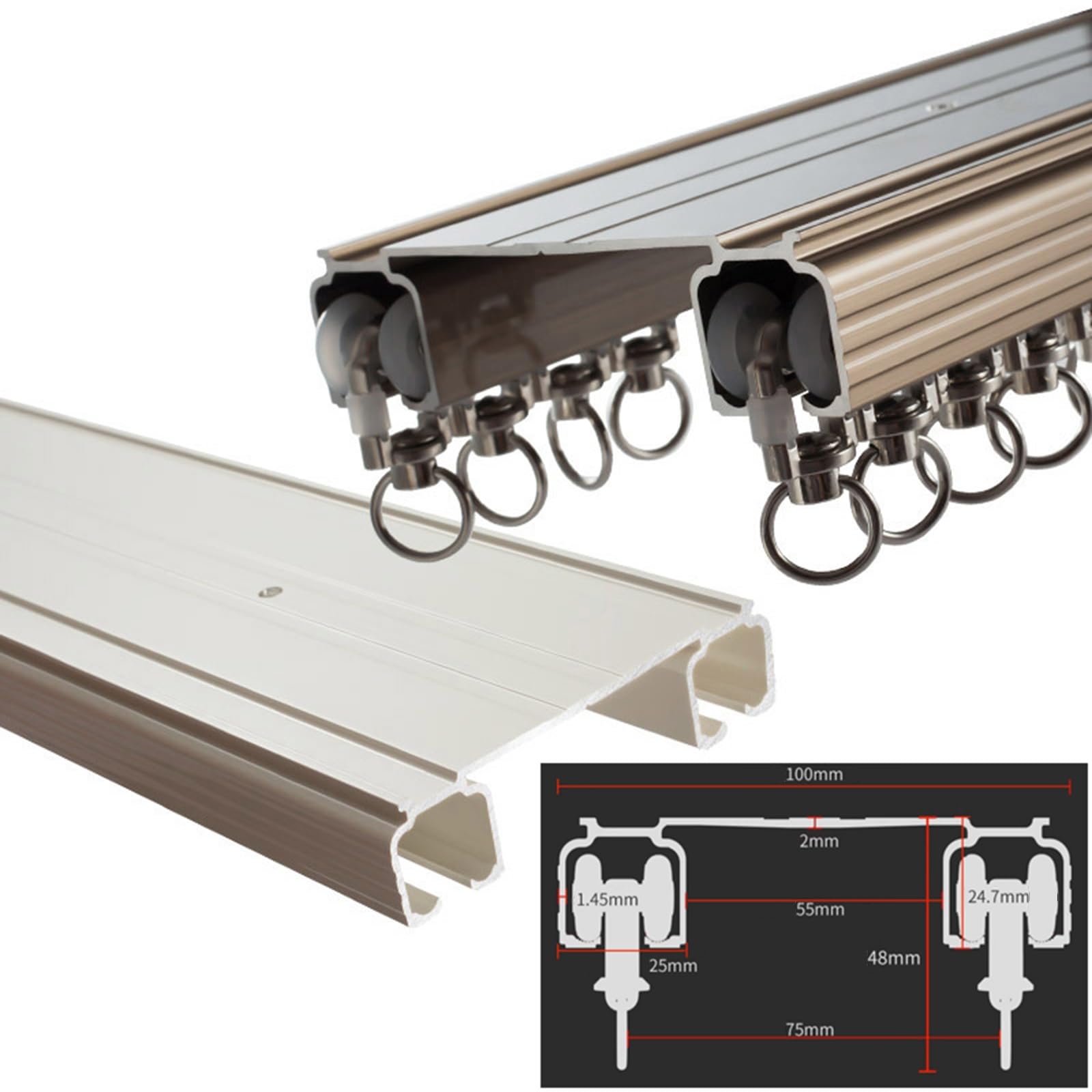 Rail Rideaux Plafond, Rail De Rideau Double Silencieux En Aluminium, Tringle À Rideaux Robustes Pour Séparateur De Pièce Salon Chambre(Champagne,3.0m(2 * 1.5m))