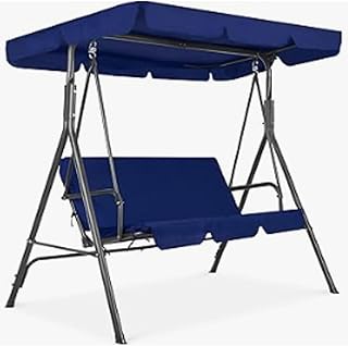 Adjustable Canopy Waterproof Outdoor Porch Swing 3-Seat Steel Frame Patio Swing Chair Blue
