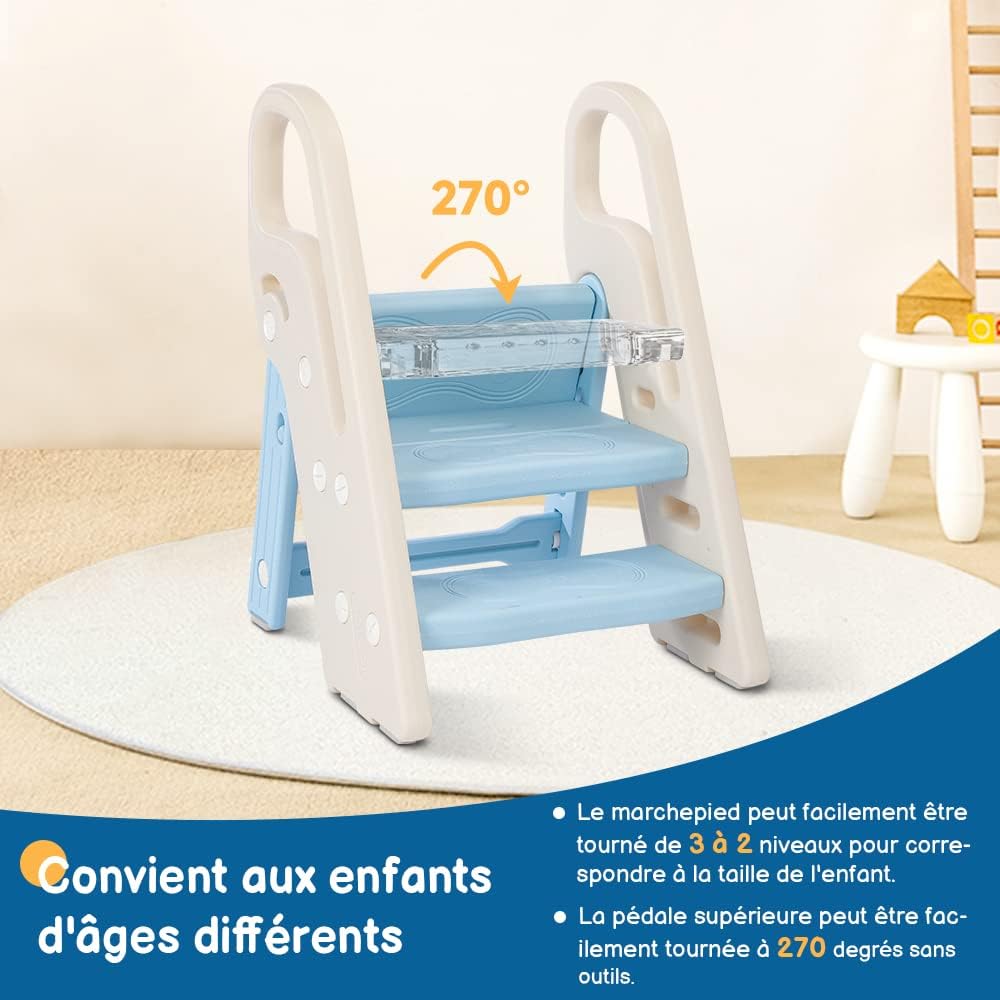 Onasti Sgabello a tre gradini pieghevoli per bambini, Scaletta 3 gradini, Sedile per Addestramento WC, Multifunzione, Regolabile in Altezza, Antiscivolo (Blu)