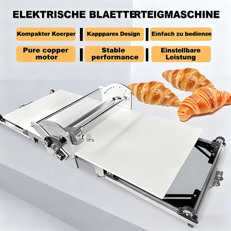 Sfogliatrice Elettrico Professionale, Macchina per Pasta Sfoglia, con Spessori Regolabili, per Croissant, Pizza e Pasta, Superficie Antiaderente in PP