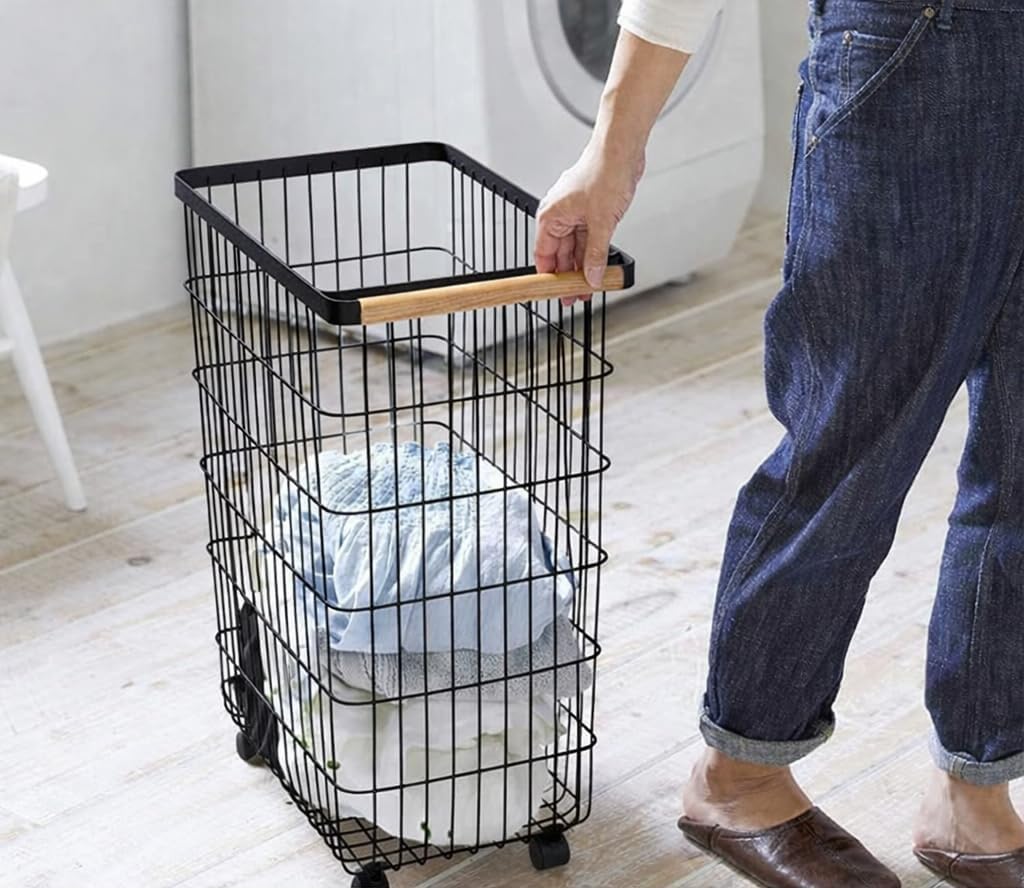 50600 Home metal wire Slim Rolling Laundry basket | Steel + Wood | Laundry Basket, One Size, White (Black)-image-29