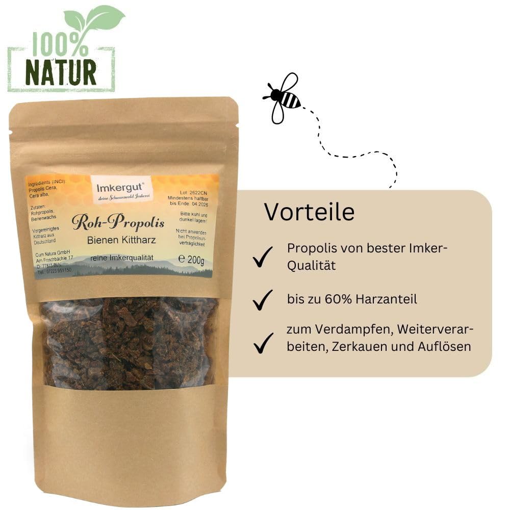 Propolis roh | naturbelassene Propolis in bester Imker-Qualität | bis zu 60% Harzanteil | vorgereinigt | zum Verdampfen, Auflösen oder Zerkauen | 200g-Beutel | Imkergut