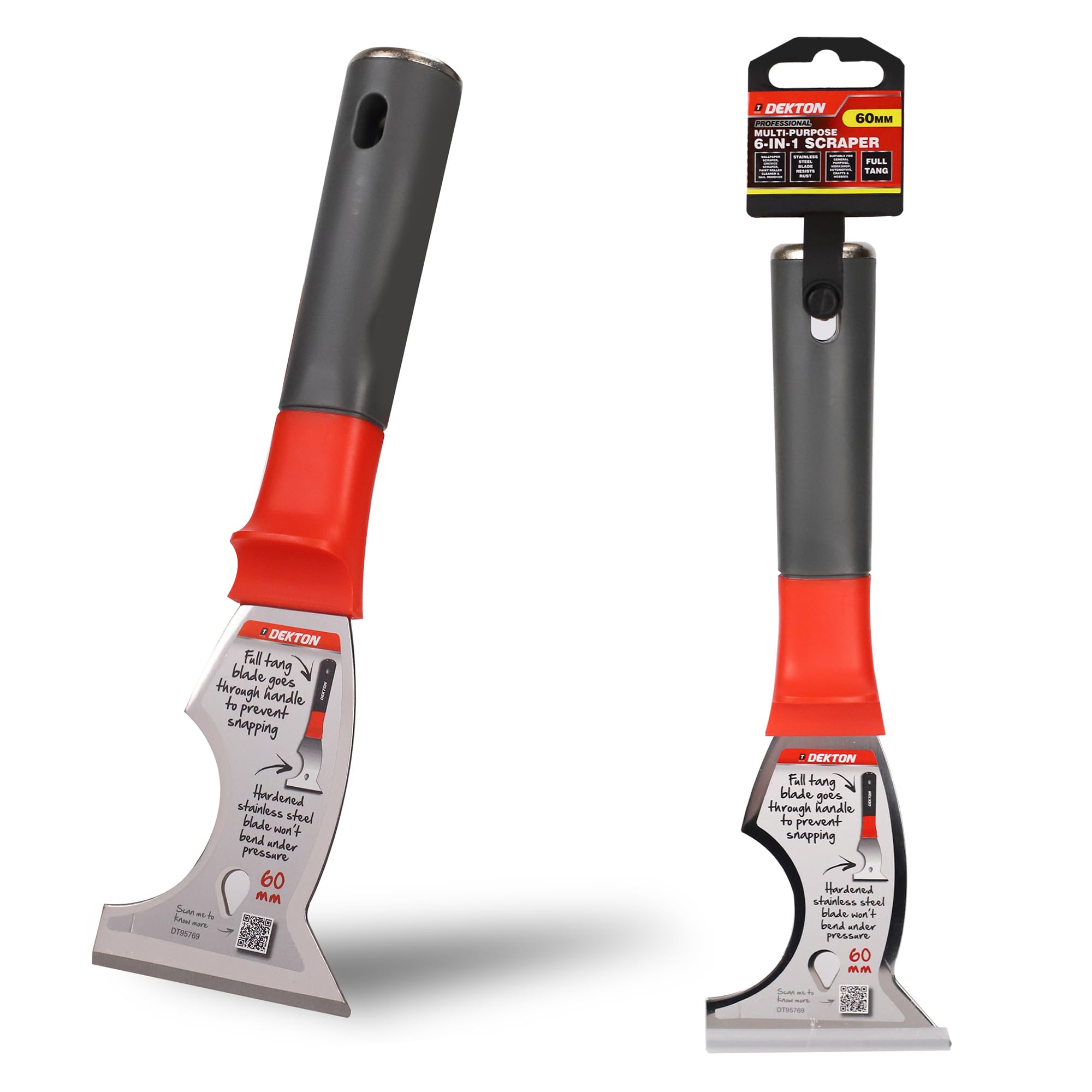 DEKTON 6 in 1 Multi Purpose Knife 60mm, 1.8mm - Stainless Steel Blade with Ergonomic Rubber Grip Handle for Filling Cracks, Scraping Wallpaper, Repairing Holes & Decorating Tasks