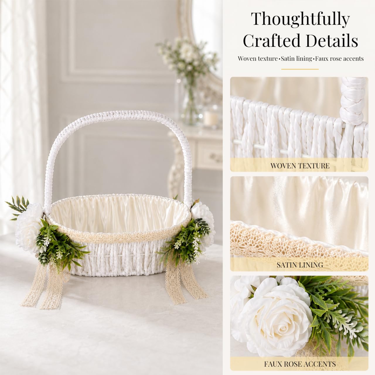 STOBAZA Romantischer Hochzeitskorb Handgewebter Blumenkorb eleganter Griff für besondere Anlässe