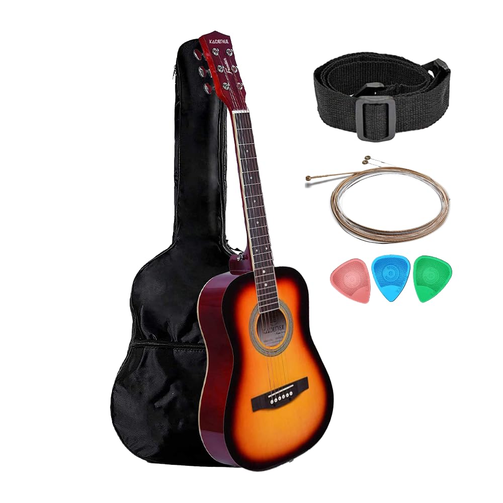 kadence frontier 34inch guitar for kids, travel guitar for adult acoustic guitar with set of strings, strap, picks and bag (sunburst guitar)