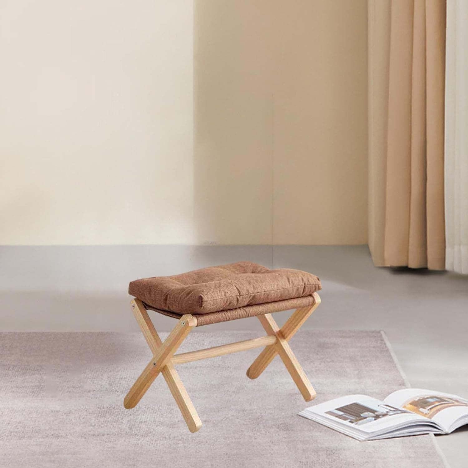 Wood, Seat Chair Minimalism Folding Stool Pegonized Restraint for The Sofa Living Room, Brown