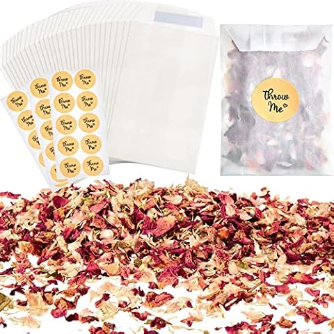 Nezyo Wedding Confetti Bag Kit for 25-30 Guests, Including Natural Dried Flower Rose Petals Glassine Paper Bags Stickers Party Christmas Decor (Stylish Style) Cover